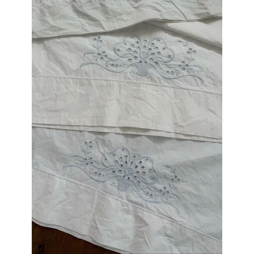 3 Vintage Queen Size Pillowcases Blue Embroidered Hemstitch